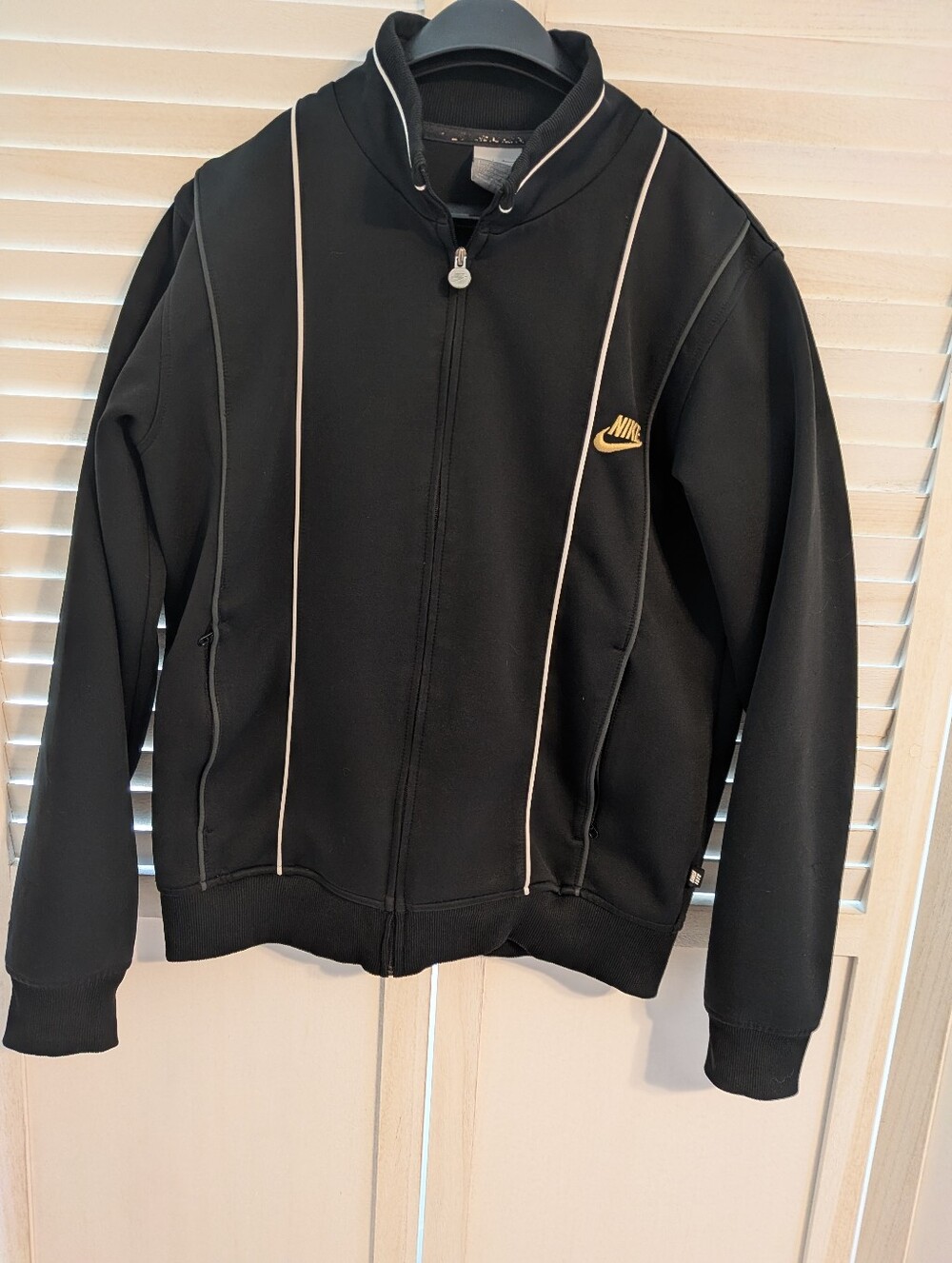 Vintage Nike Black Bomber Jacket with White Piping And Gold Logo, Size Medium